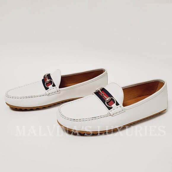 GUCCI SHOES MENS DRIVER MOCCASINS HORSEBIT WEB WHITE LEATHER sz 8.5G 9 - Picture 4 of 16